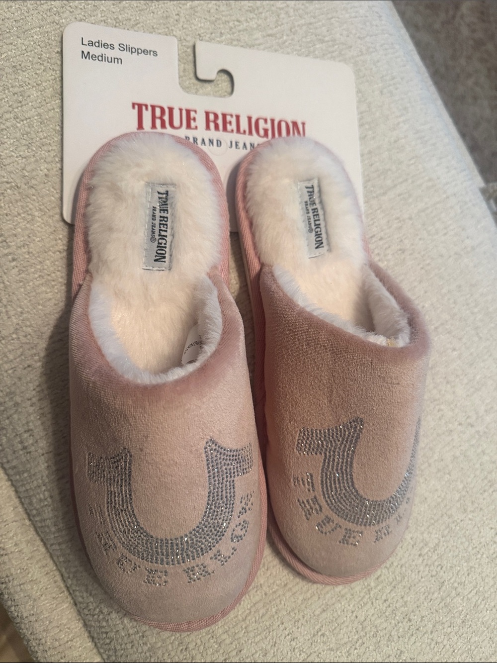 True Religion Kids Pink Plush Logo Slip-On Slippers